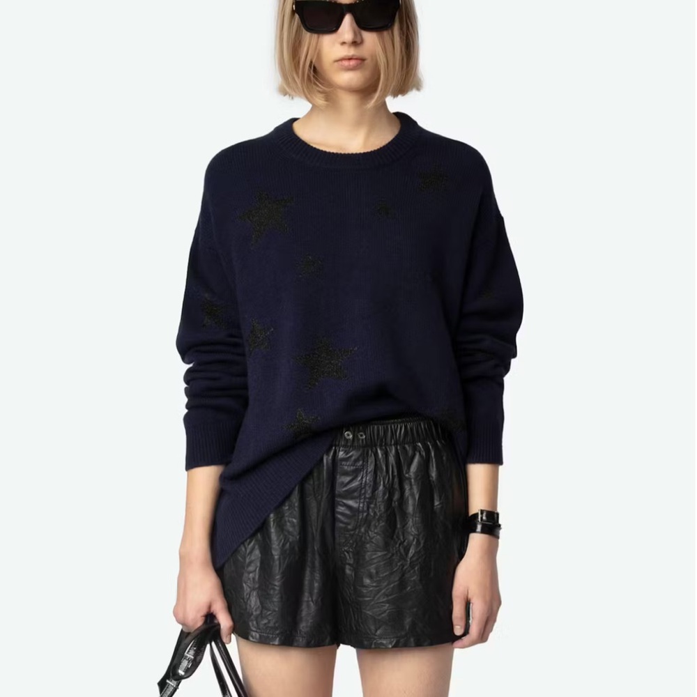 Zadig & Voltaire Markus WS Star Lurex in Navy and Black Stars - Cashmere Sweater